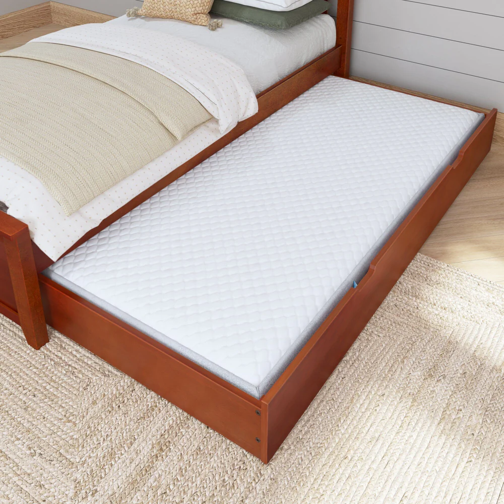 Maxtrix Trundle Bed with Slats in Espresso - trundle with mattress pulled out from under a twin bed in a bedroom setting