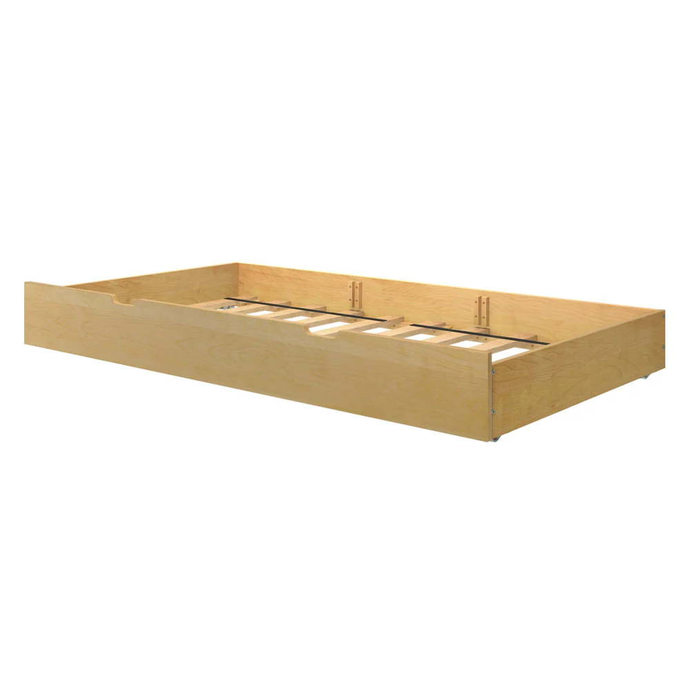 Maxtrix Trundle Bed with Slats in Natural - angled view of the solid wood trundle frame showing the wooden slats and metal support rails inside