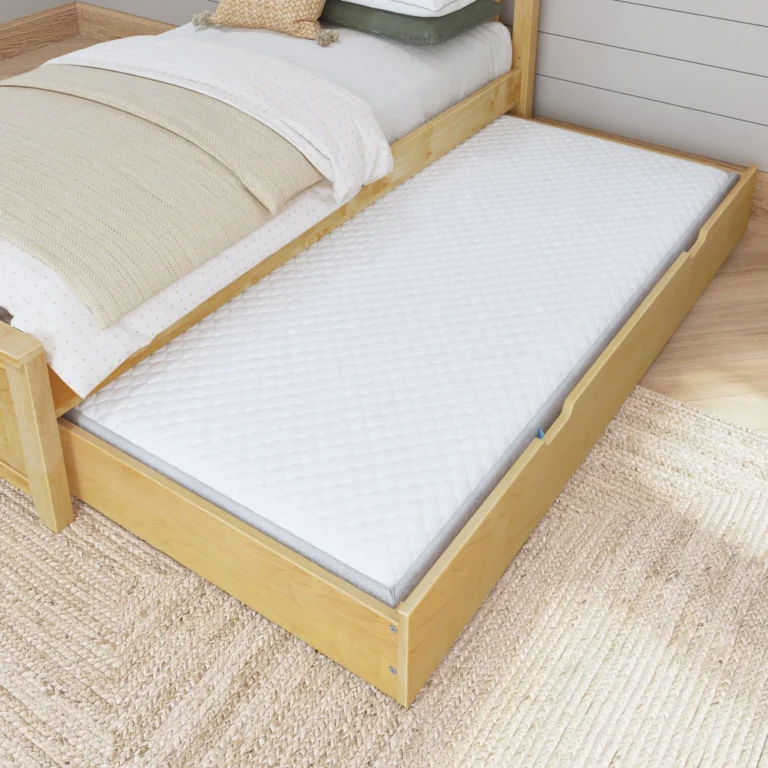 Maxtrix Trundle Bed With Slats Natural Trundle Open Maxtrix Trundle Bed with Slats in Natural - trundle pulled out from under a twin bed in a bedroom, with mattress ready for a guest