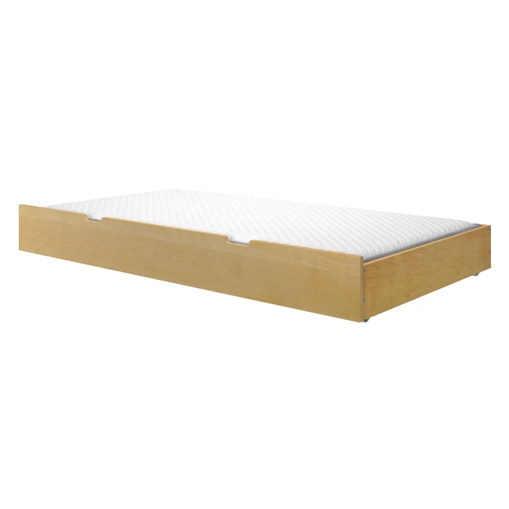 Maxtrix Trundle Bed with Slats in Natural - angled view of the trundle frame with a white quilted mattress in place