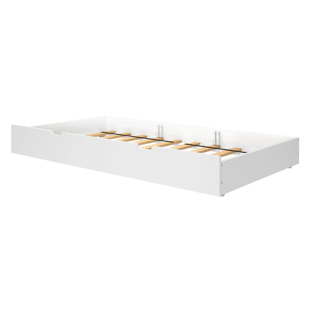 Maxtrix Trundle Bed with Slats in White - angled view of the empty trundle frame showing the wooden support slats and cutout pull handles