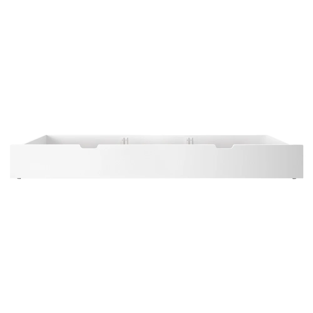Maxtrix Trundle Bed with Slats in White - straight-on front view of the low trundle frame with two cutout pull handles