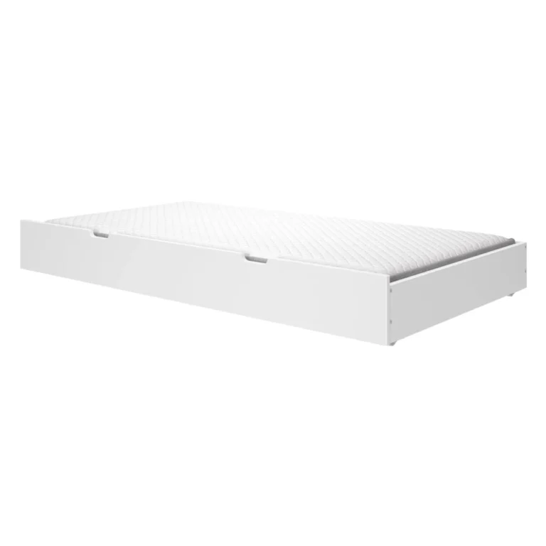 Maxtrix Trundle Bed With Slats White With Mattress Maxtrix Trundle Bed with Slats in White - angled view of the trundle frame with a twin mattress placed inside