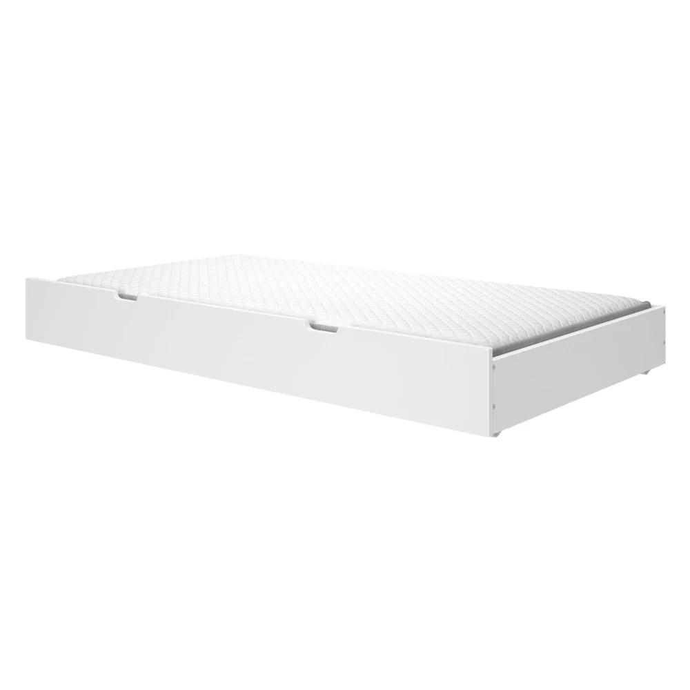 Maxtrix Trundle Bed with Slats in White - angled view of the trundle frame with a twin mattress placed inside
