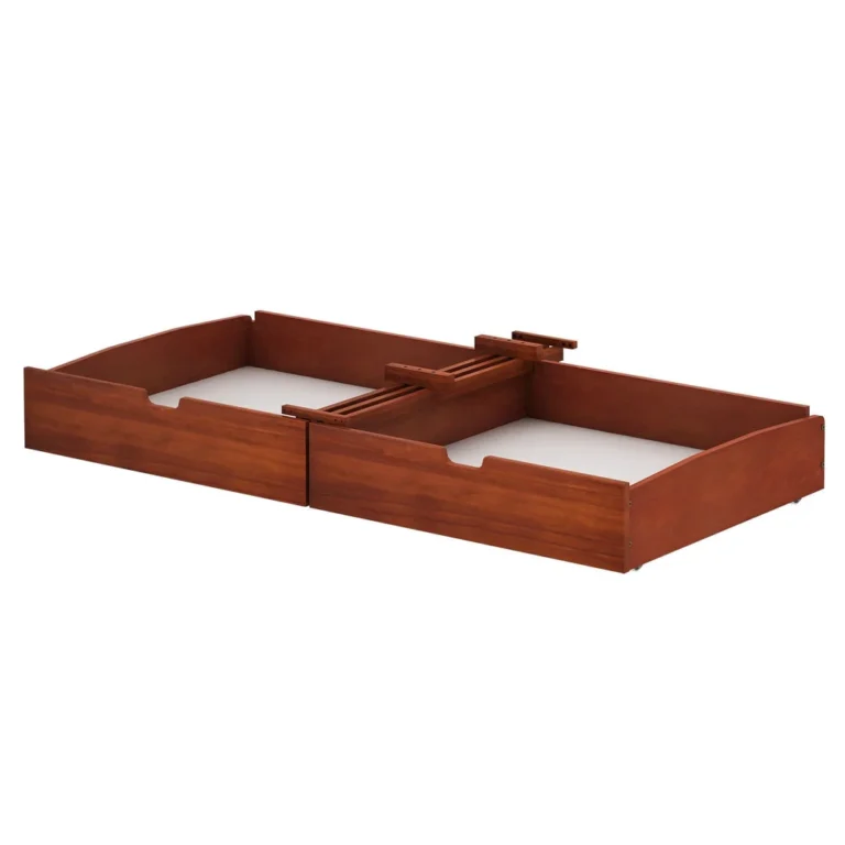 Maxtrix Underbed Storage Drawers in Espresso - angled view of the pair of rolling drawers with center connecting bracket.