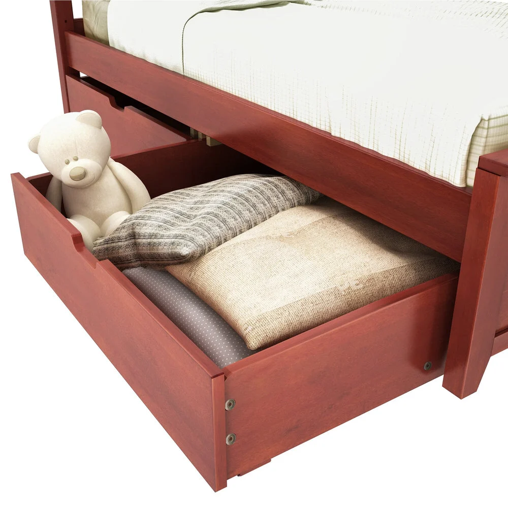 Maxtrix Underbed Storage Drawers in Espresso - drawer pulled open beneath a bed, holding folded bedding, a pillow, and a teddy bear.