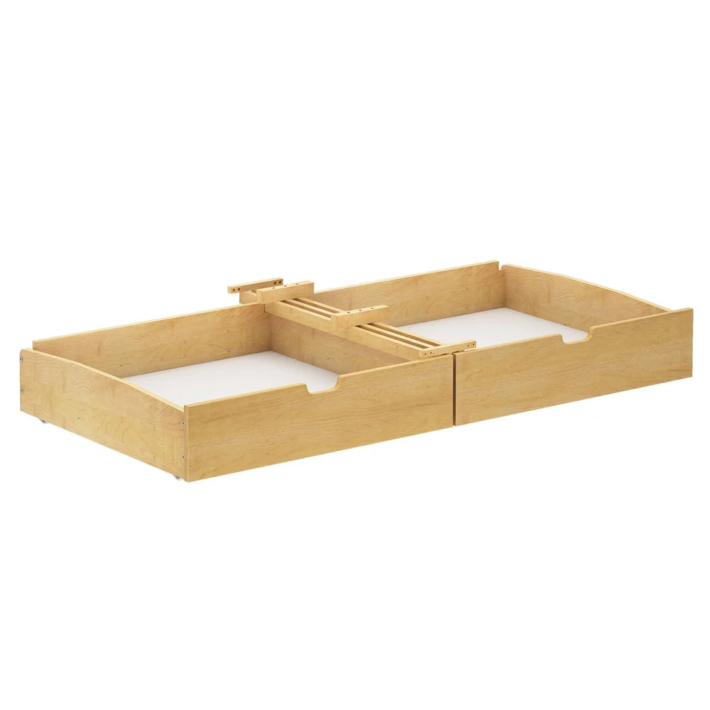 Maxtrix Underbed Storage Drawers in Natural - angled view of the pair of wooden roll-out drawers with center divider slats.