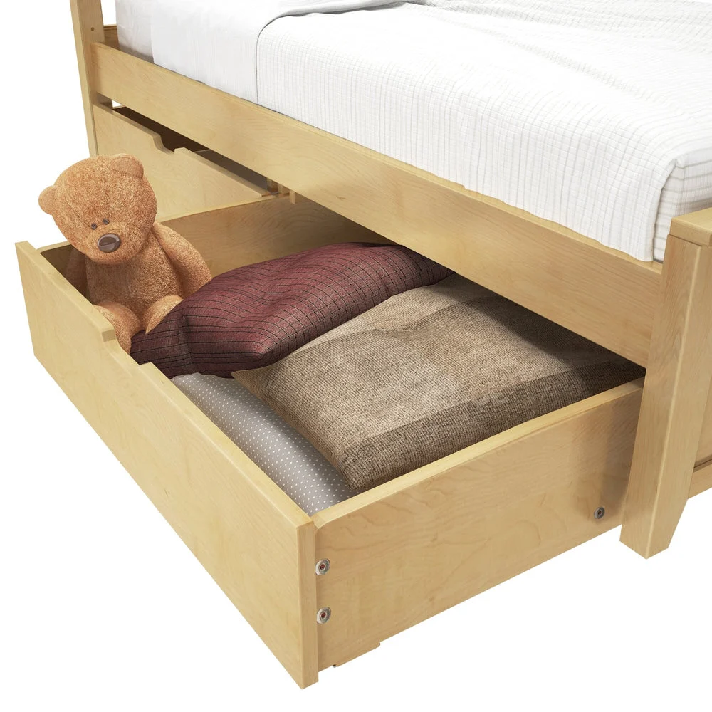 Maxtrix Underbed Storage Drawers in Natural - drawer pulled out from beneath a bed and filled with pillows and a teddy bear.