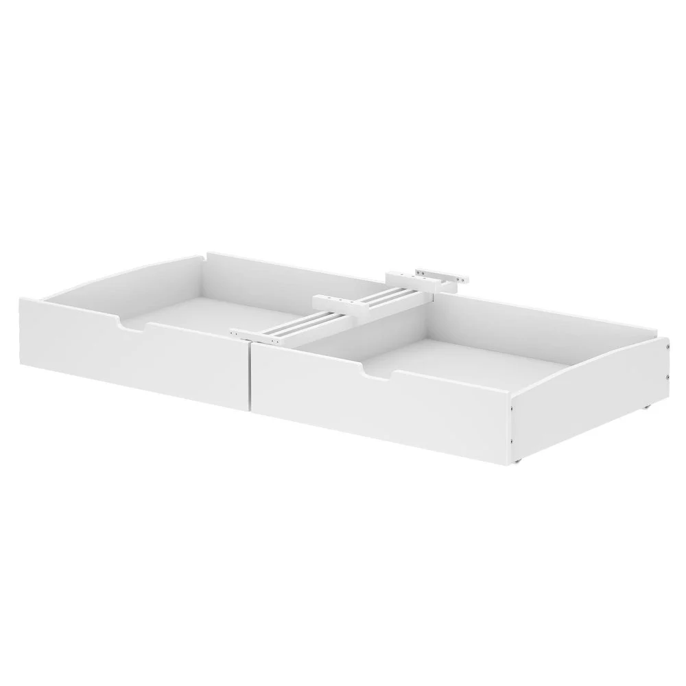 Maxtrix Underbed Storage Drawers in White - two rolling storage drawers shown at an angle with the center mounting rail.