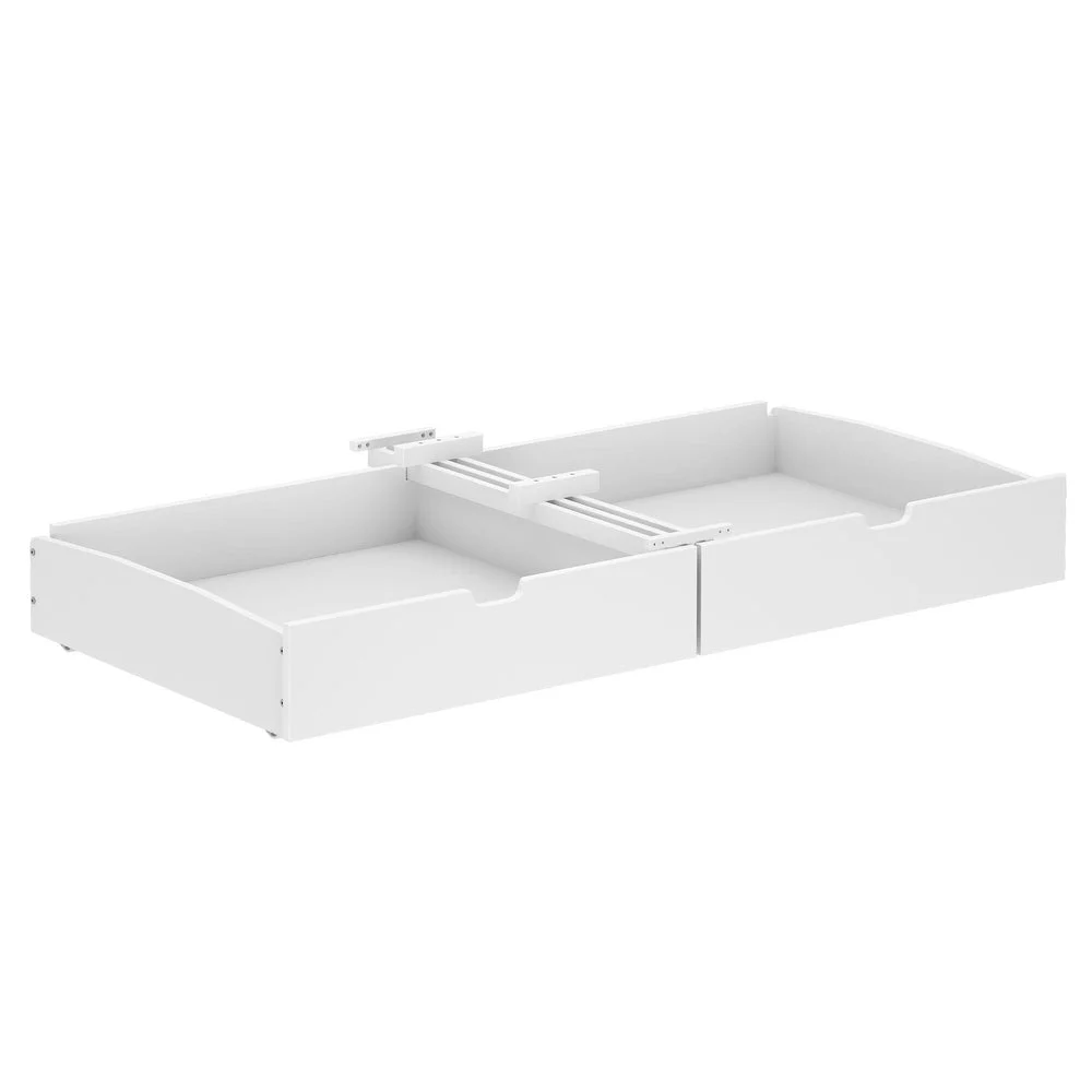 Maxtrix Underbed Storage Drawers in White - pair of storage drawers viewed at an angle from the opposite side with the center rail.