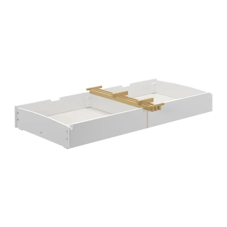 Maxtrix Underbed Storage Drawers in White - close view of the wooden mounting rails that join the two drawers.