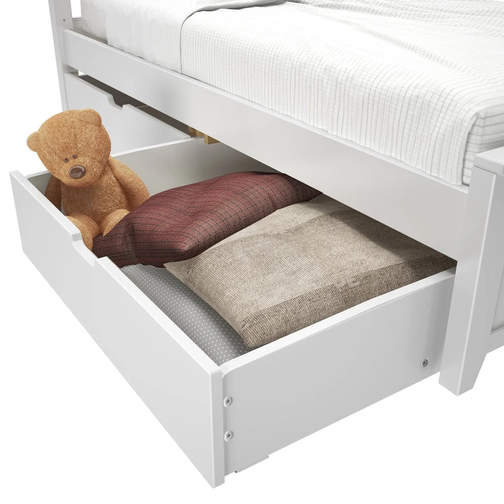 Maxtrix Underbed Storage Drawers in White - a drawer pulled open beneath the bed holding a teddy bear and folded bedding.
