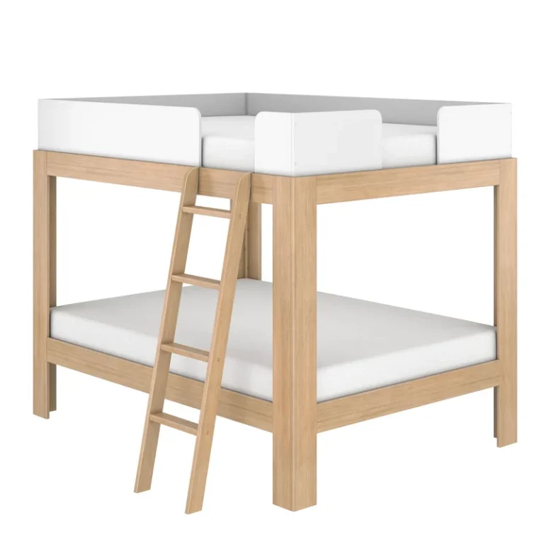 Mid Century Modern Full Over Full Bunk Bed White Blonde Angle View Mid-Century Modern Full Over Full Bunk Bed in White/Blonde - angled studio view showing the ladder and white safety guardrails on the top bunk.