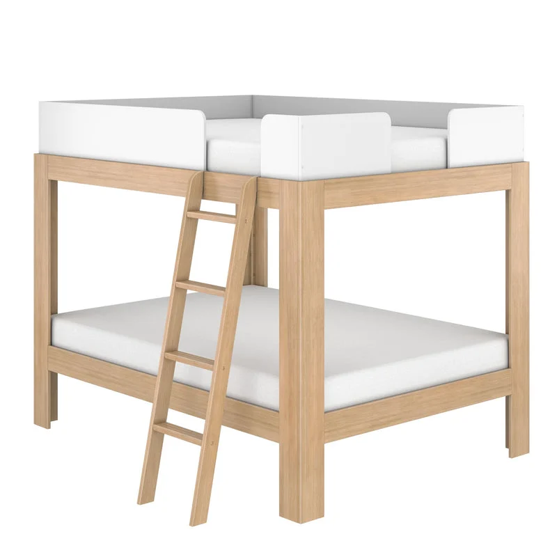 Mid-Century Modern Full Over Full Bunk Bed in White/Blonde - angled studio view showing the ladder and white safety guardrails on the top bunk.