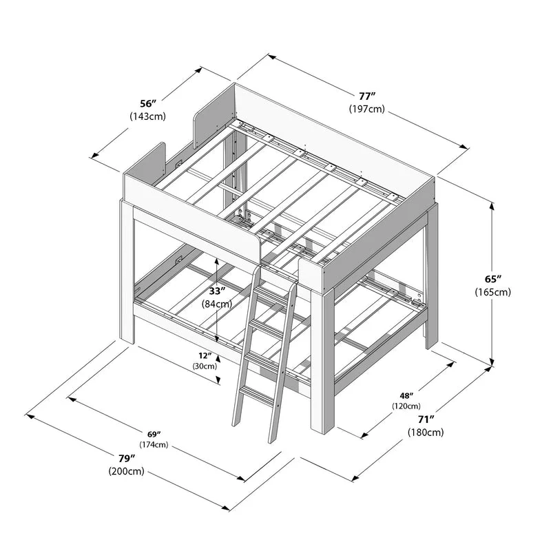 Mid-Century Modern Full Over Full Bunk Bed in White/Blonde - dimensions diagram labeling width, length, and height in inches and centimeters.