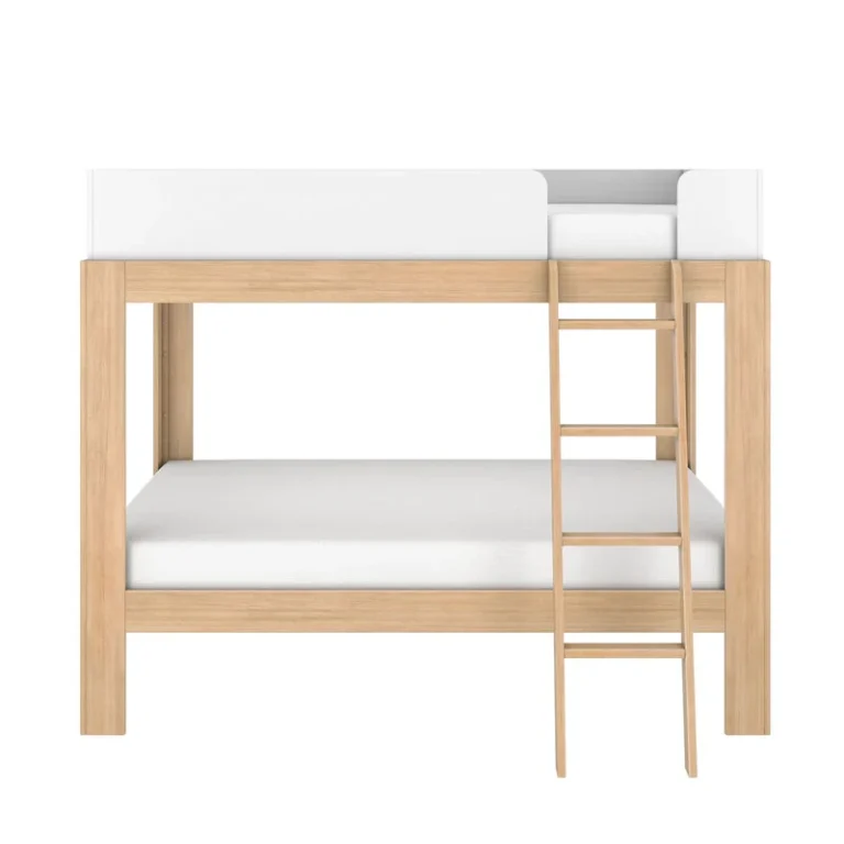 Mid Century Modern Full Over Full Bunk Bed White Blonde Front View Mid-Century Modern Full Over Full Bunk Bed in White/Blonde - front view on a white background showing the ladder and both mattress levels.