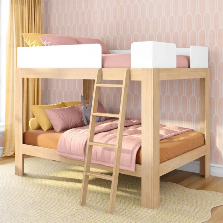 Mid Century Modern Full Over Full Bunk Bed White Blonde Room Scene 1 Mid-Century Modern Full Over Full Bunk Bed in White/Blonde - angled view in a pink bedroom with attached ladder and white guardrails.