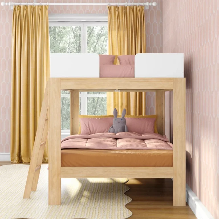Mid Century Modern Full Over Full Bunk Bed White Blonde Room Scene 5 Mid-Century Modern Full Over Full Bunk Bed in White/Blonde - lower bunk styled in a bedroom with a window, gold curtains, and pillows.