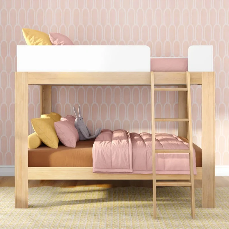 Mid Century Modern Full Over Full Bunk Bed White Blonde Side View Mid-Century Modern Full Over Full Bunk Bed in White/Blonde - side view in a styled bedroom showing the ladder and full-size lower bunk.