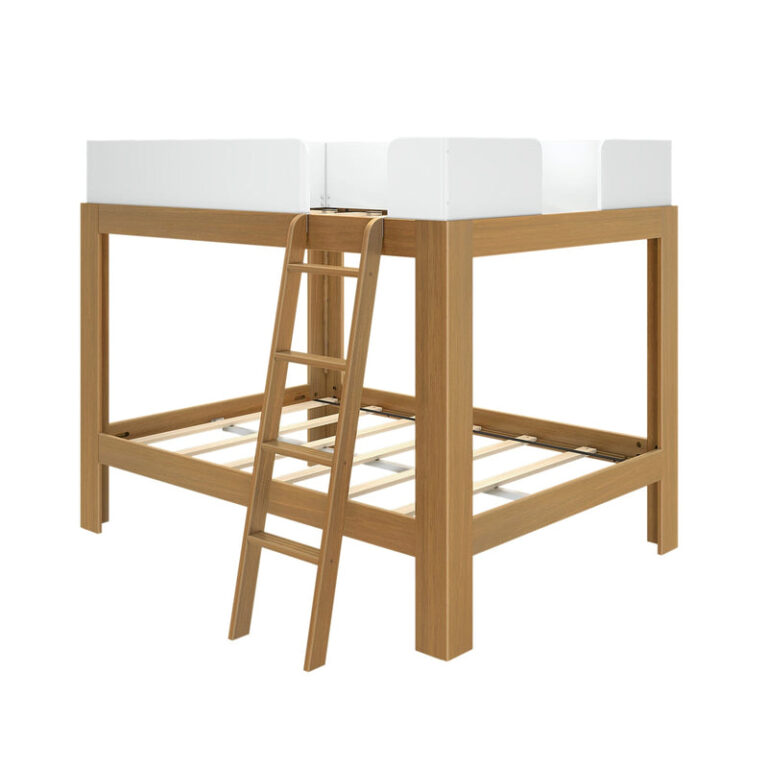 Mid Century Modern Full Over Full Bunk Bed White Pecan Angle View Mid-Century Modern Full Over Full Bunk Bed in White/Pecan - angled studio view of the frame showing slatted mattress supports and the ladder.
