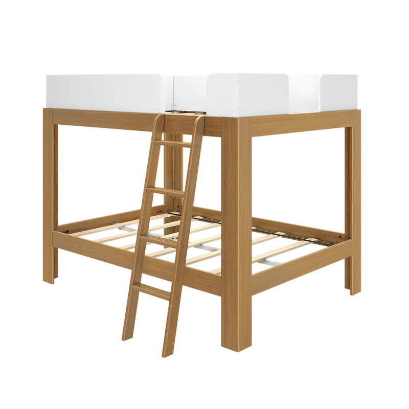 Mid-Century Modern Full Over Full Bunk Bed in White/Pecan - angled studio view of the frame showing slatted mattress supports and the ladder.