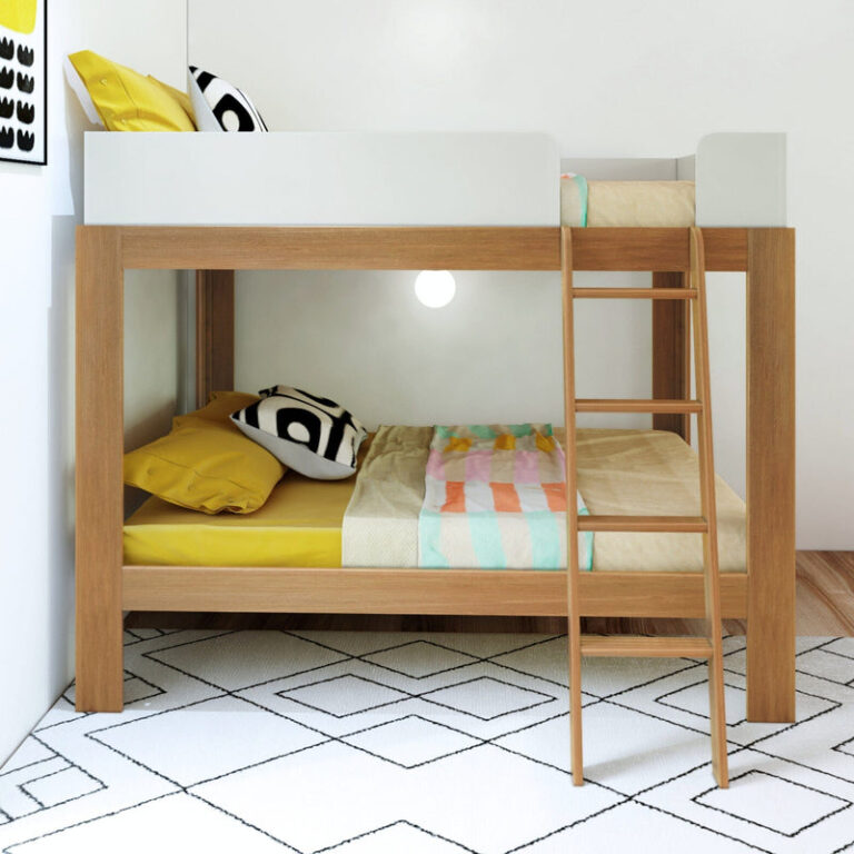 Mid Century Modern Full Over Full Bunk Bed White Pecan Front View 2 Mid-Century Modern Full Over Full Bunk Bed in White/Pecan - front view of the lower bunk made with bedding beside the angled ladder.