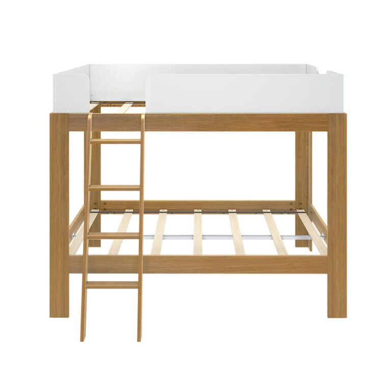 Mid Century Modern Full Over Full Bunk Bed White Pecan Front View 4 Mid-Century Modern Full Over Full Bunk Bed in White/Pecan - front studio view of the frame with the angled ladder and slatted mattress supports.