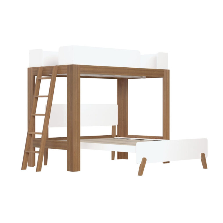 Mid-Century Modern Twin Over Full L-Shaped Bunk Bed in White/Pecan - angled studio view of the bare frame showing the lofted twin with guardrails, angled ladder, and perpendicular full bed platform