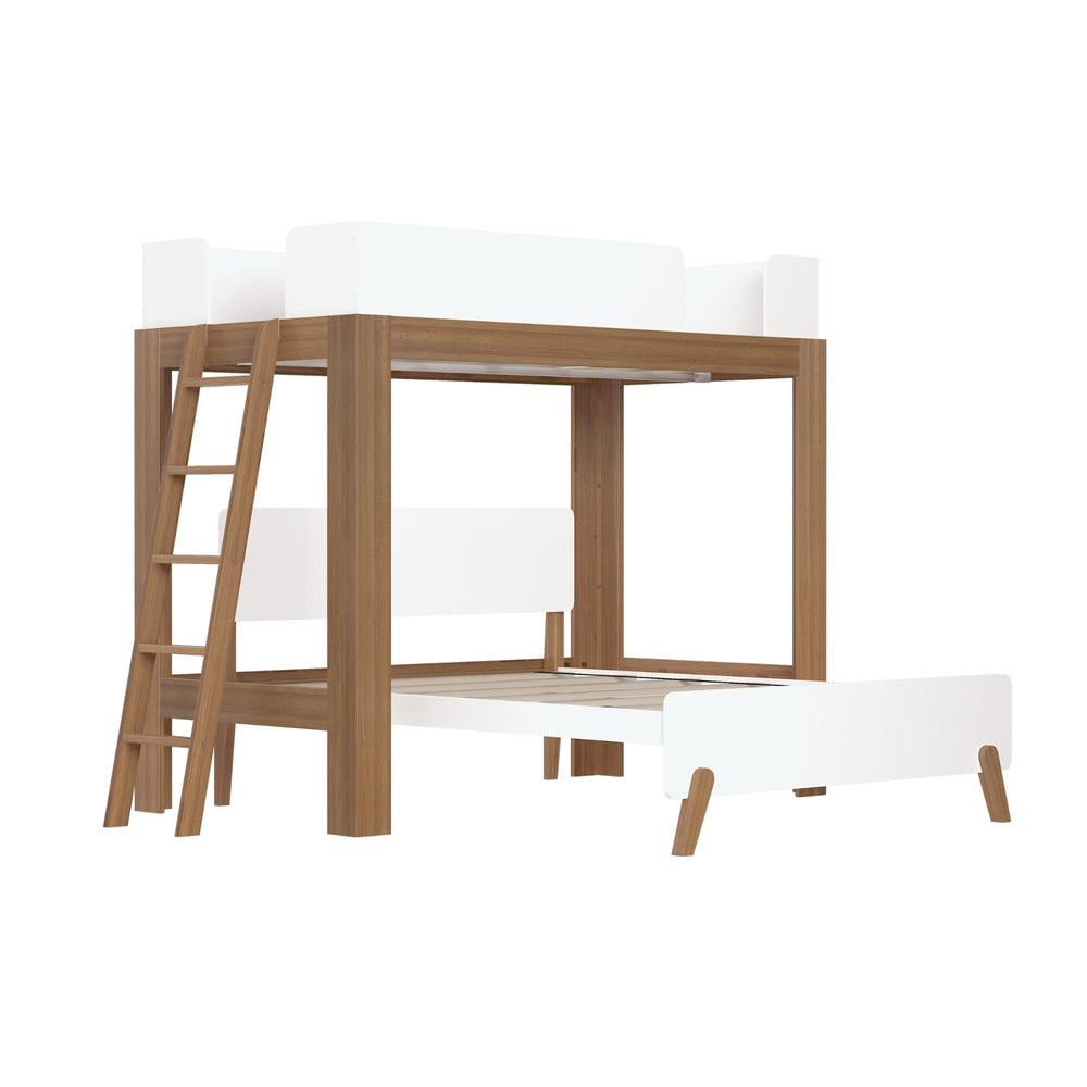 Mid-Century Modern Twin Over Full L-Shaped Bunk Bed in White/Pecan - angled studio view of the bare frame showing the lofted twin with guardrails, angled ladder, and perpendicular full bed platform