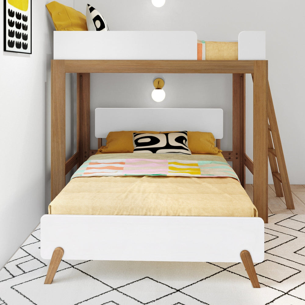 Mid-Century Modern Twin Over Full L-Shaped Bunk Bed in White/Pecan - front view of the lower full bed with white headboard beneath the lofted twin bed with guardrails and side ladder