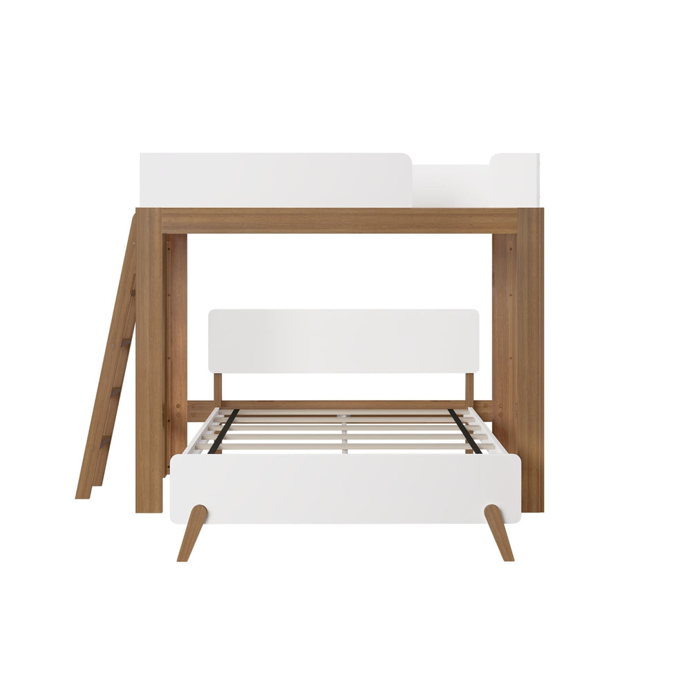 Mid-Century Modern Twin Over Full L-Shaped Bunk Bed in White/Pecan - front studio view of the frame showing the full bed with metal slat supports under the lofted twin bed with guardrails and ladder