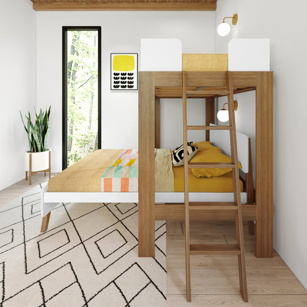 Mid-Century Modern Twin Over Full L-Shaped Bunk Bed in White/Pecan - side view in a bright room showing the angled ladder to the lofted twin and the full bed extending outward below