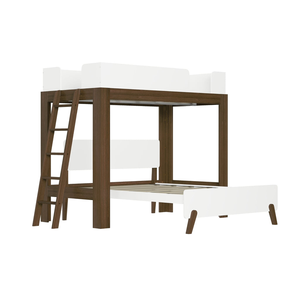 Mid-Century Modern Twin Over Full L-Shaped Bunk Bed in White/Walnut - angled studio view of the bare frame showing the angled ladder, upper guardrails, walnut posts and lower full bed with slats