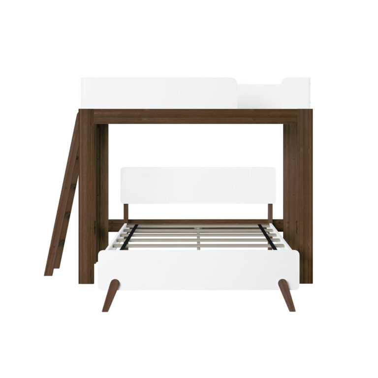 Mid-Century Modern Twin Over Full L-Shaped Bunk Bed in White/Walnut - straight-on studio view of the frame showing the lower full bed slat base, white headboard and footboard, and side ladder