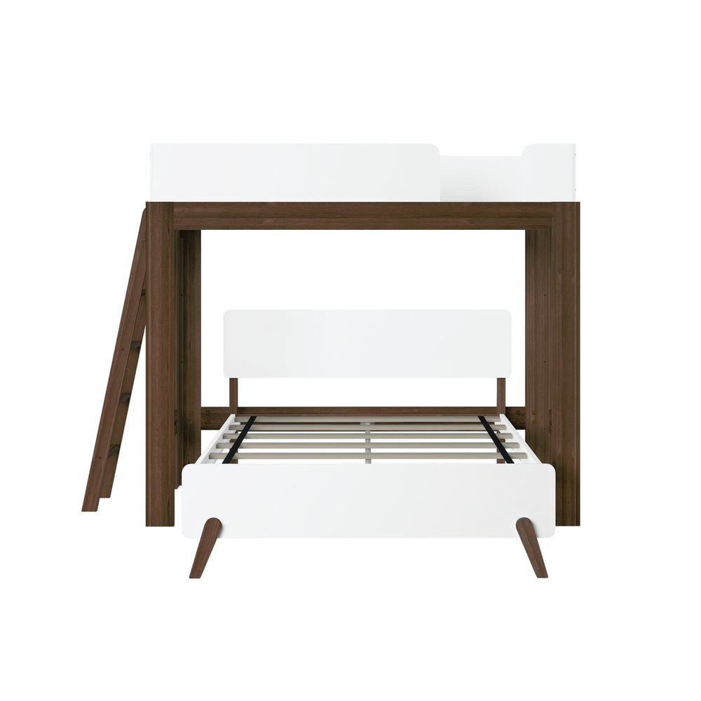 Mid-Century Modern Twin Over Full L-Shaped Bunk Bed in White/Walnut - straight-on studio view of the frame showing the lower full bed slat base, white headboard and footboard, and side ladder
