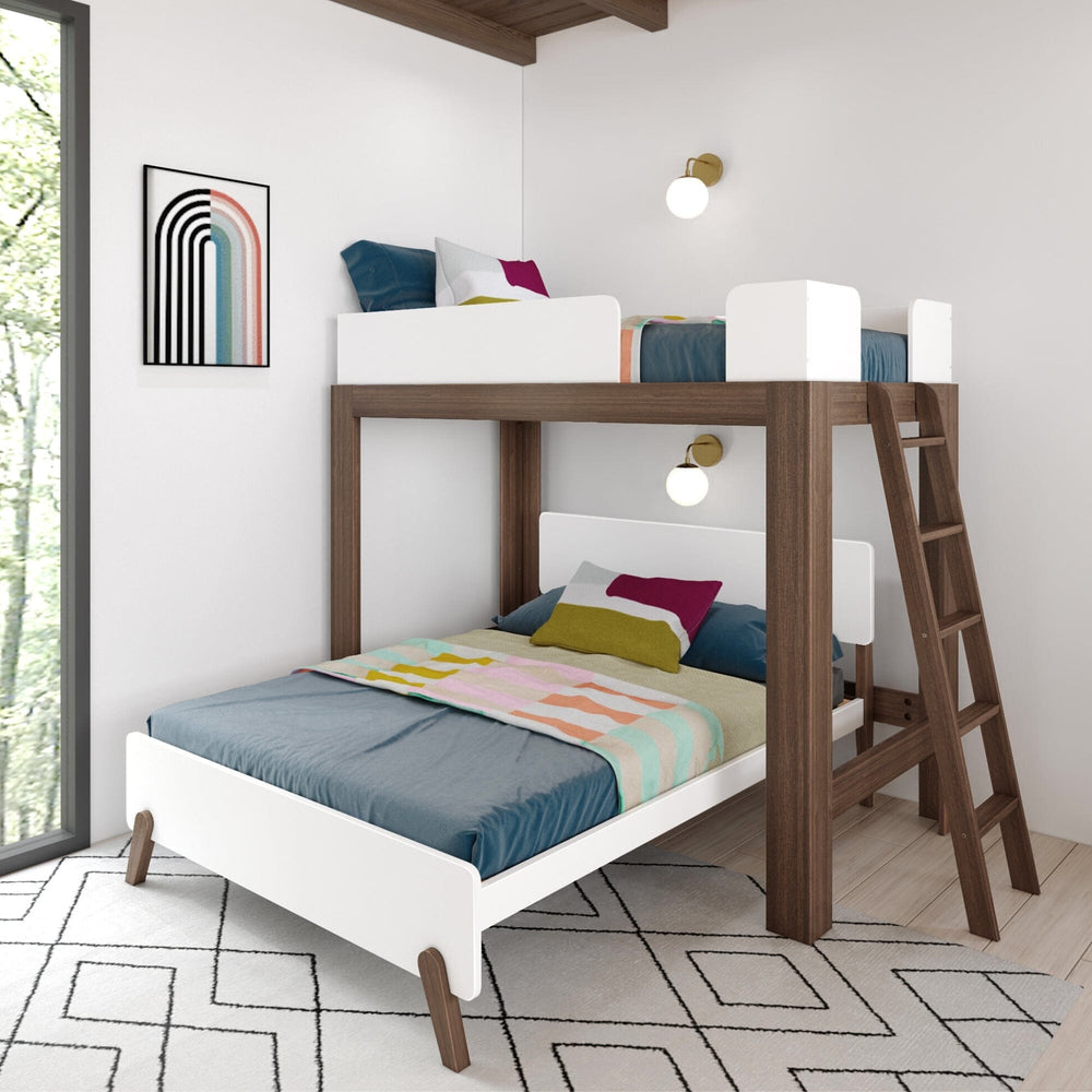 Mid-Century Modern Twin Over Full L-Shaped Bunk Bed in White/Walnut - angled room scene showing the twin loft with safety guardrails and angled ladder over a perpendicular full bed, styled with colourful bedding and a geometric rug