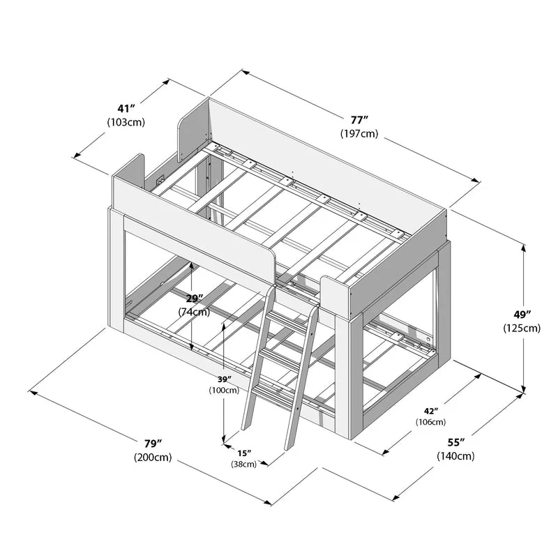 Mid-Century Modern Twin Over Twin Low Bunk Bed - dimensions diagram showing 79 inch overall length, 49 inch height, and ladder placement measurements