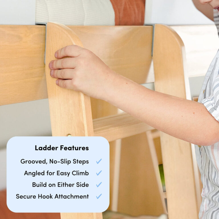 Mid-Century Modern Twin Over Twin Low Bunk Bed in White/Blonde - ladder features callout showing grooved no-slip steps, angled climb, either-side build and secure hook attachment