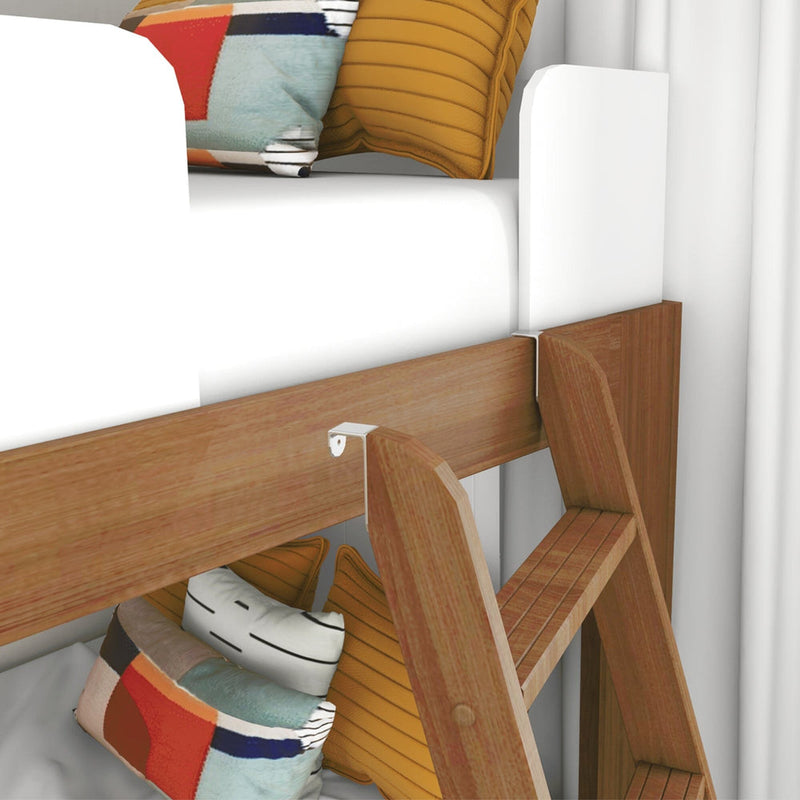 Mid-Century Modern Twin Over Twin Low Bunk Bed in White/Pecan - closeup of the white guardrail panel and the ladder's secure metal hook attachment on the wood rail
