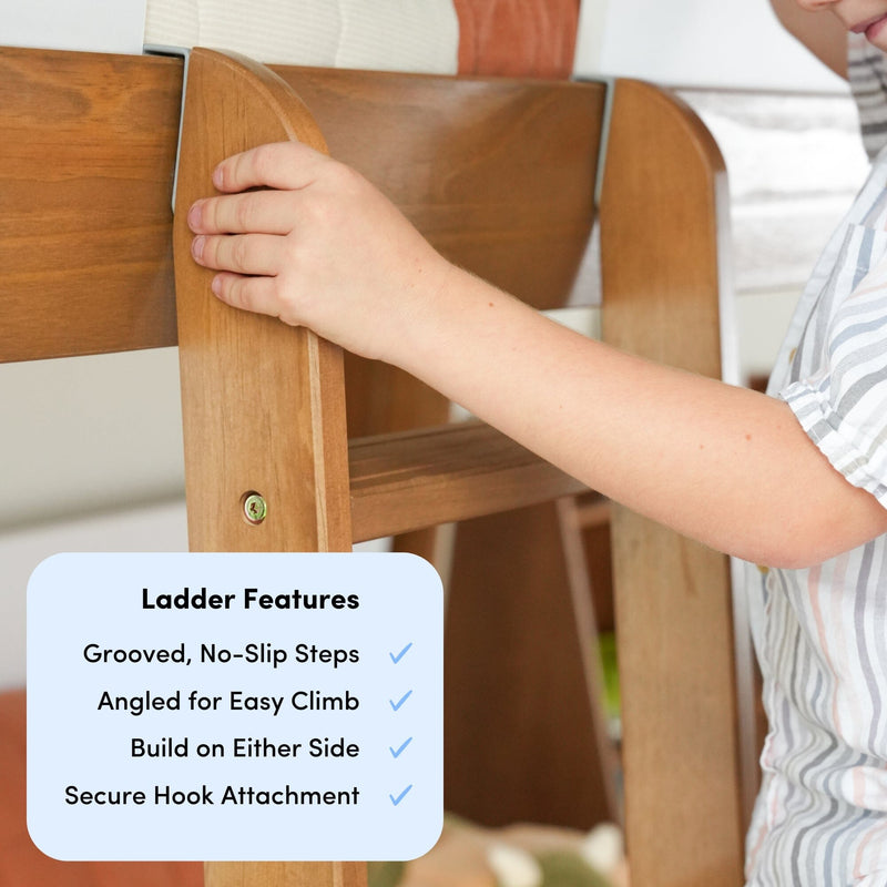 Mid-Century Modern Twin Over Twin Low Bunk Bed in White/Pecan - ladder features callout highlighting grooved no-slip steps, angled climb, build on either side and secure hook attachment