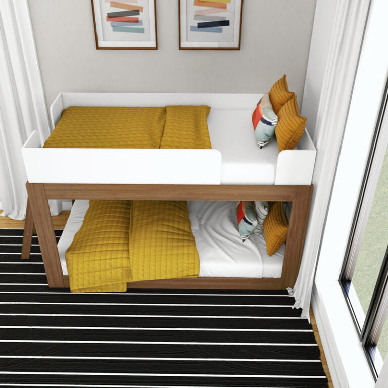 Mid-Century Modern Twin Over Twin Low Bunk Bed in White/Pecan - overhead view of both made twin bunks with the white guardrail wrapping the top mattress