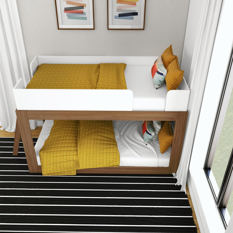 Mid-Century Modern Twin Over Twin Low Bunk Bed in White/Pecan - overhead view of both made twin bunks with the white guardrail wrapping the top mattress