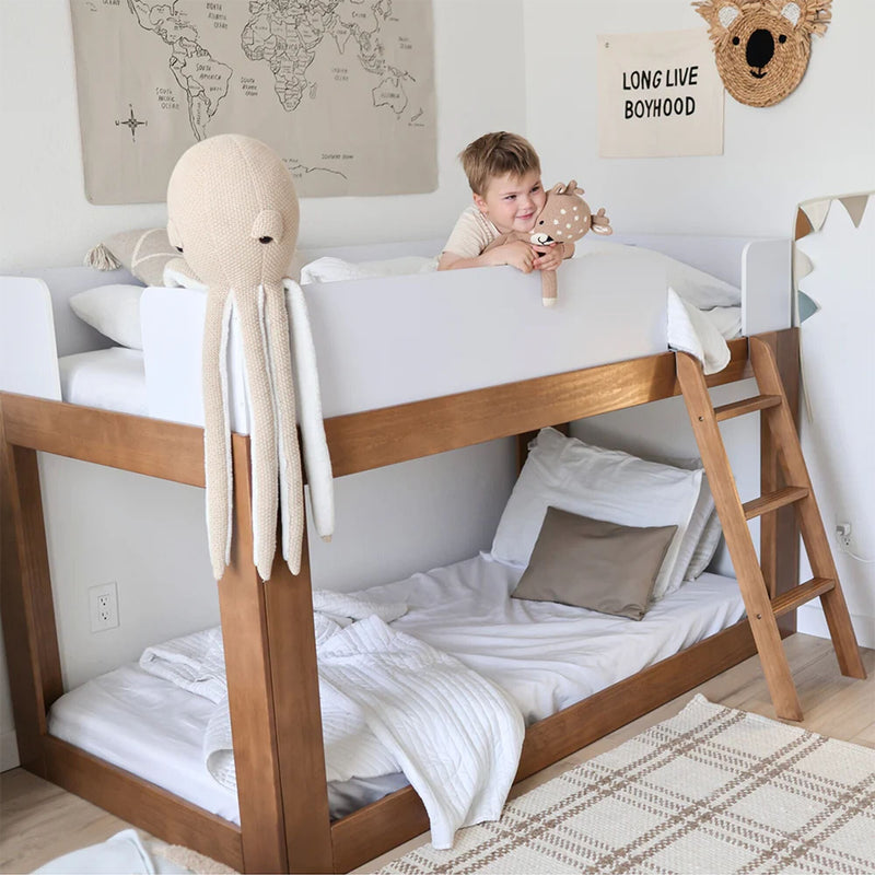 Mid-Century Modern Twin Over Twin Low Bunk Bed in White/Pecan - kids' room scene with a child relaxing on the top bunk behind the white safety guardrail, angled wood ladder at the side
