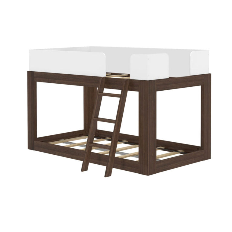 Mid-Century Modern Twin Over Twin Low Bunk Bed in White/Walnut - bare frame on a white background showing wooden slat supports, white guardrails and angled ladder