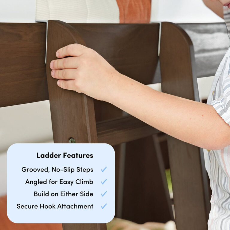 Mid-Century Modern Twin Over Twin Low Bunk Bed in White/Walnut - ladder features callout highlighting grooved no-slip steps, angled climb, either-side build and secure hook attachment
