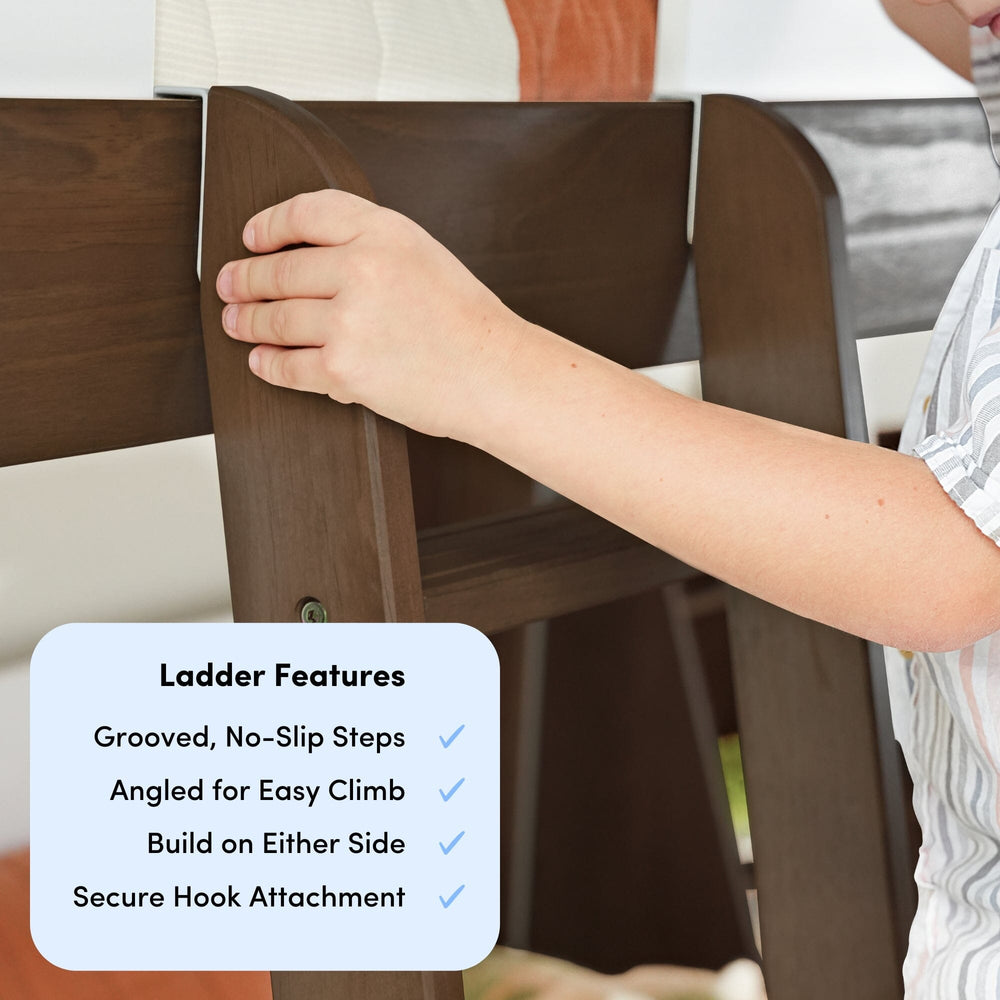 Mid-Century Modern Twin Over Twin Low Bunk Bed in White/Walnut - ladder features callout highlighting grooved no-slip steps, angled climb, either-side build and secure hook attachment