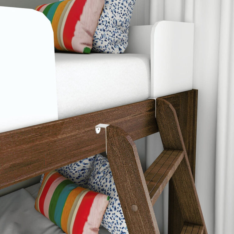 Mid-Century Modern Twin Over Twin Low Bunk Bed in White/Walnut - closeup of the ladder's secure hook attachment and white safety guardrail on the top bunk