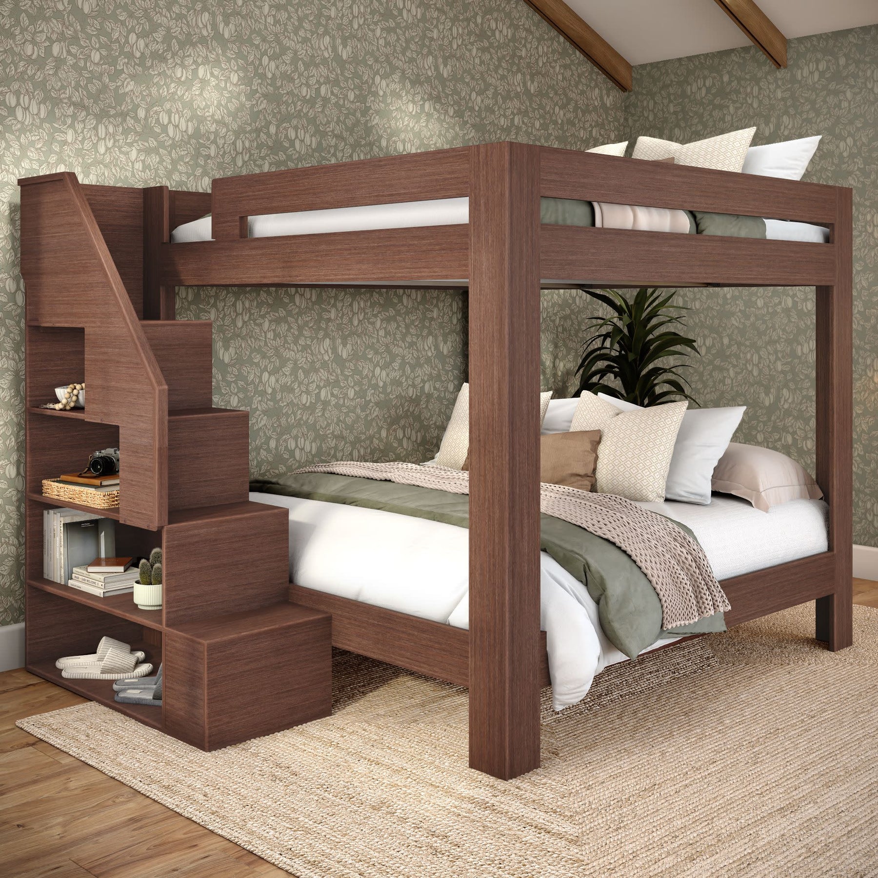 Olympic King Over King Bunk Bed with Stairs in Embossed Brown