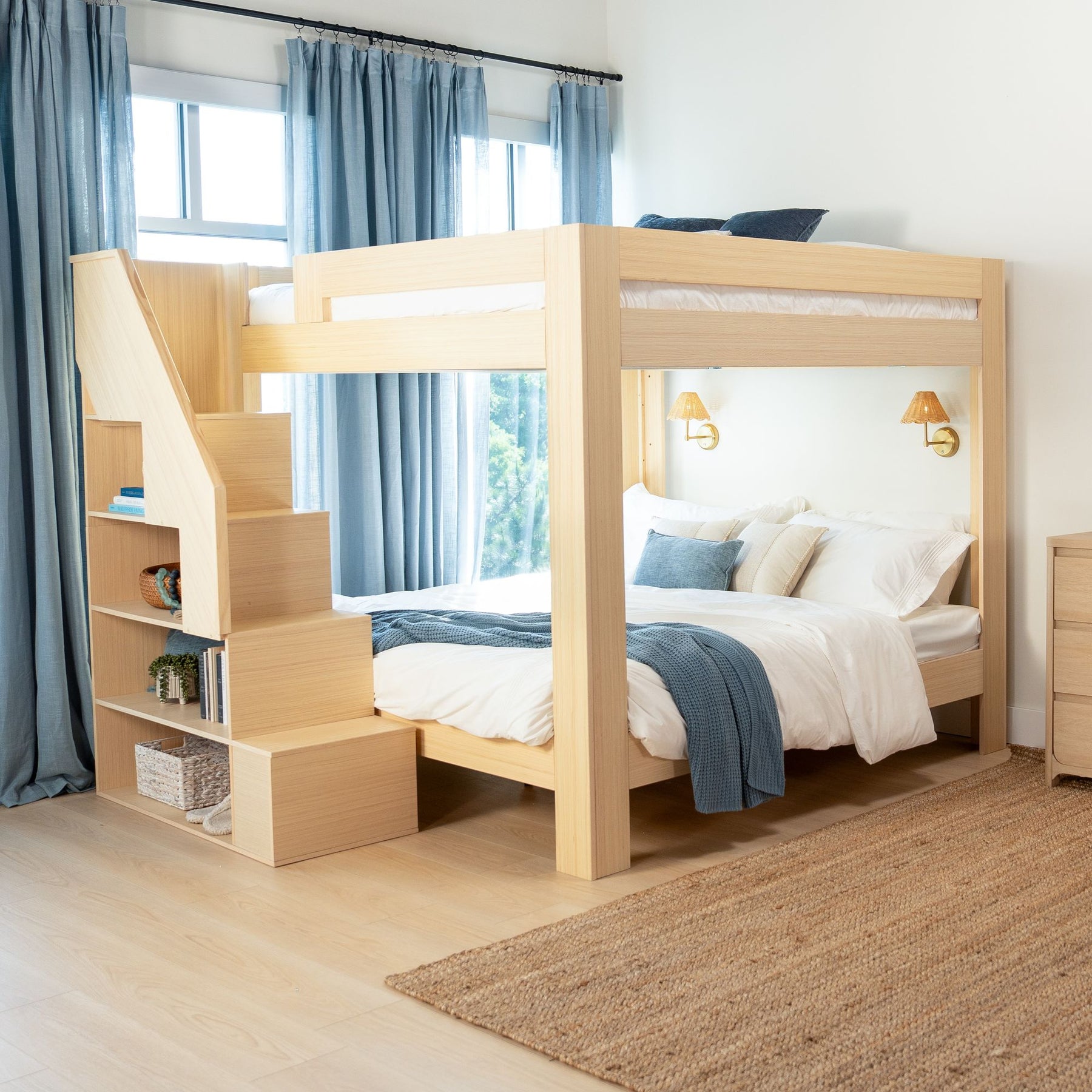 Olympic King Over King Bunk Bed with Stairs in Embossed Natural