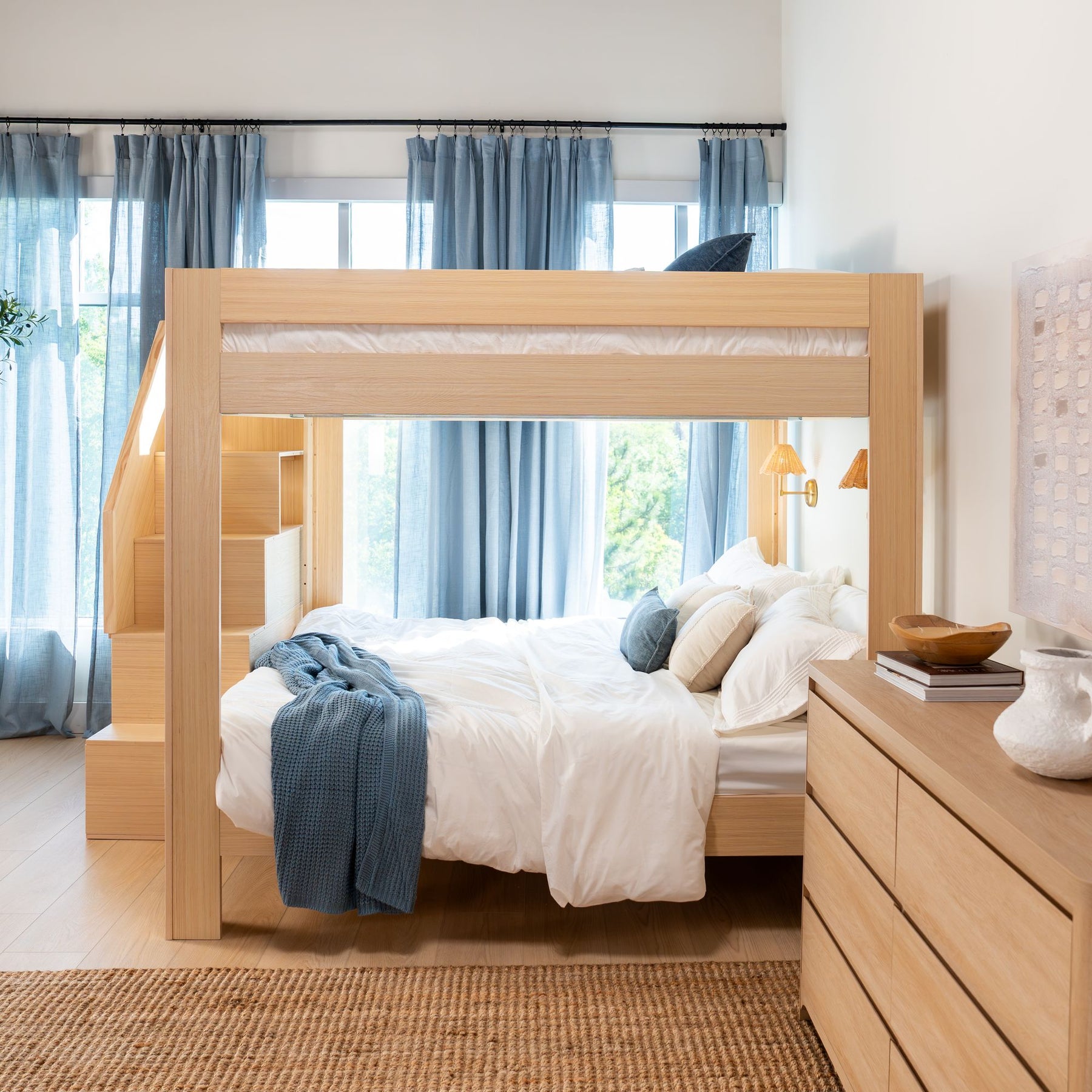 Olympic King Over King Bunk Bed with Stairs in Embossed Natural